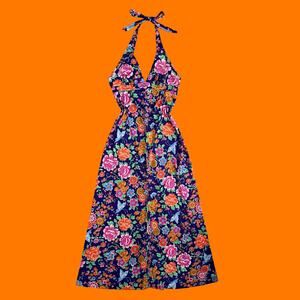 60's 70's vintage floral butterfly print halter maxi dress MEDIUM LARGE